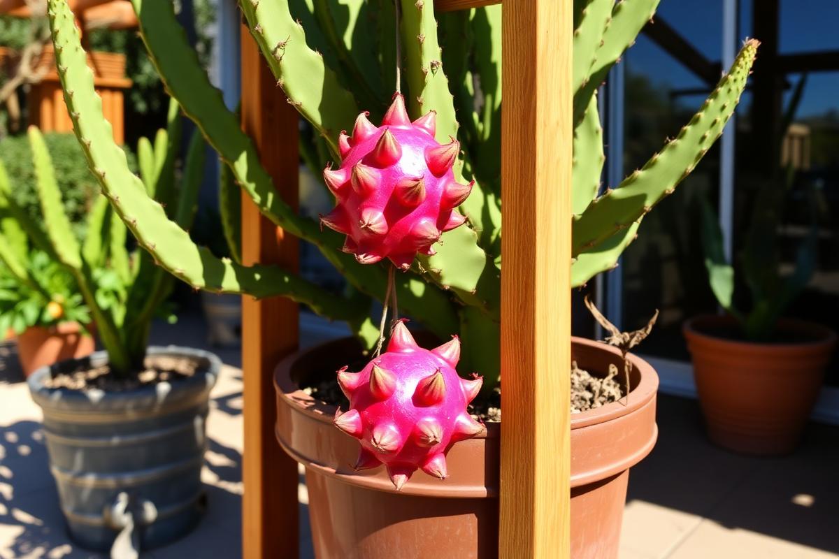 Dragon fruit cactus growing on a trellis in a large container