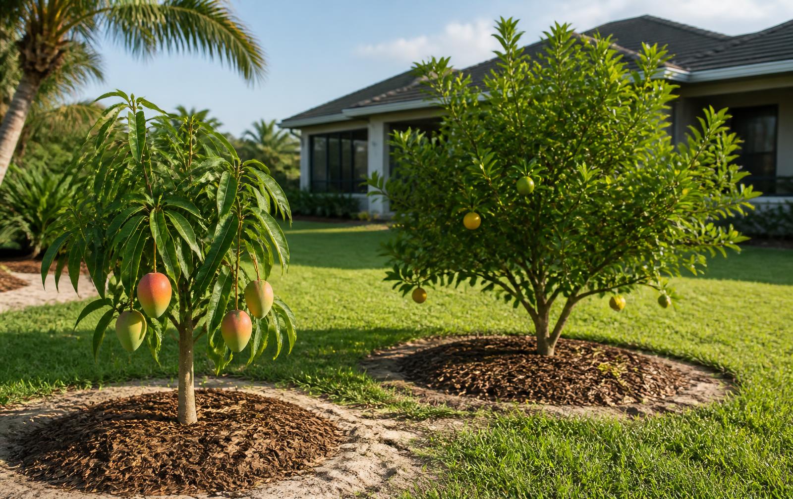 Backyard fruit trees growing in a sunny Florida garden