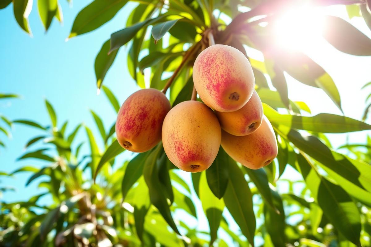 Ripening mangoes on a tree in bright sunlight